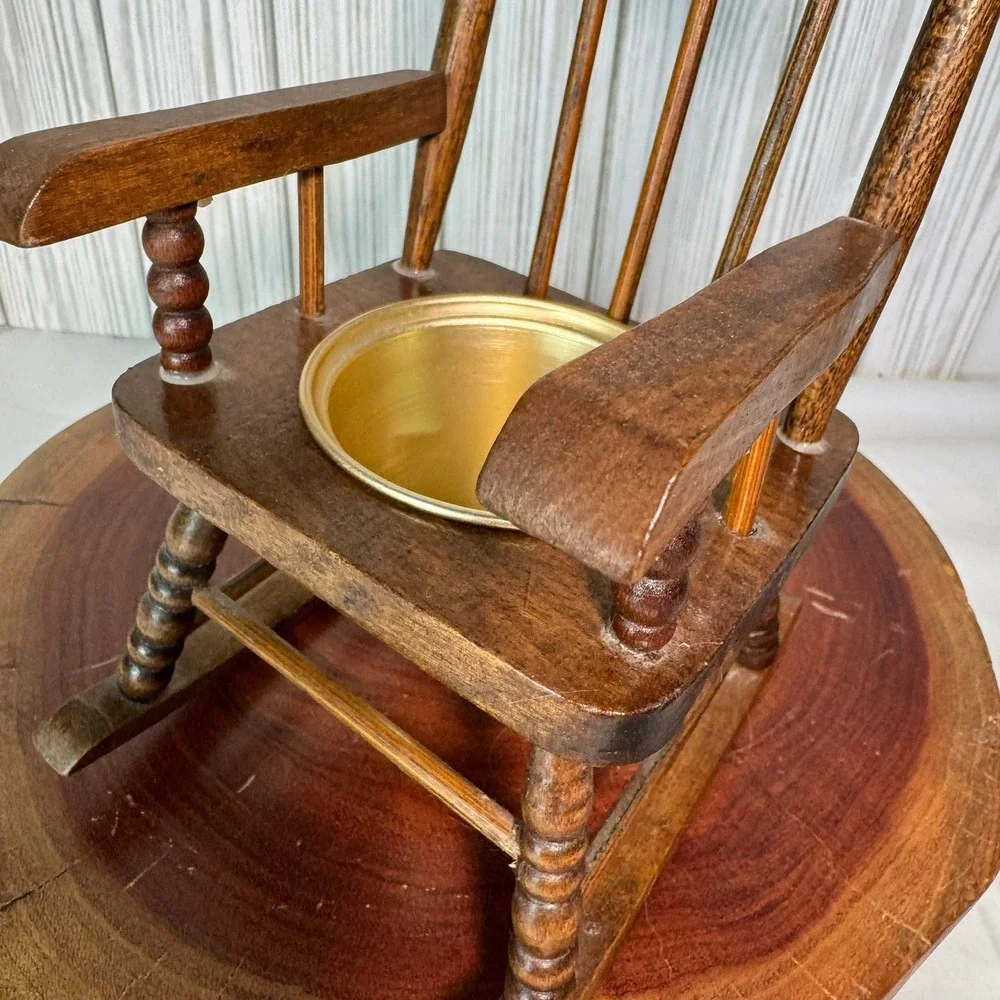 Vintage Miniature Wooden Rocking Potty Chair with Brass Insert Decor Planter
